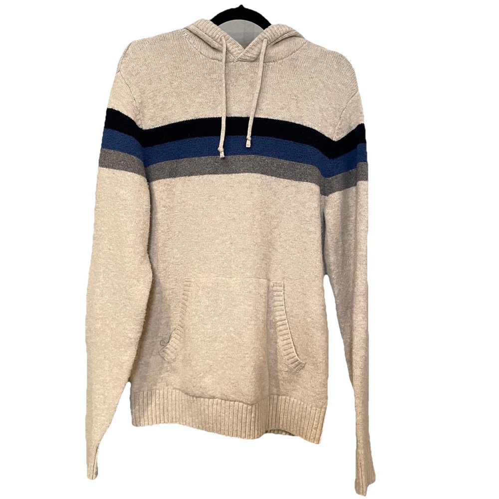 Men's‎ M Striped Sweater Hoodie Pullover Oatmeal Blue Grey Built-in Flex Coastal